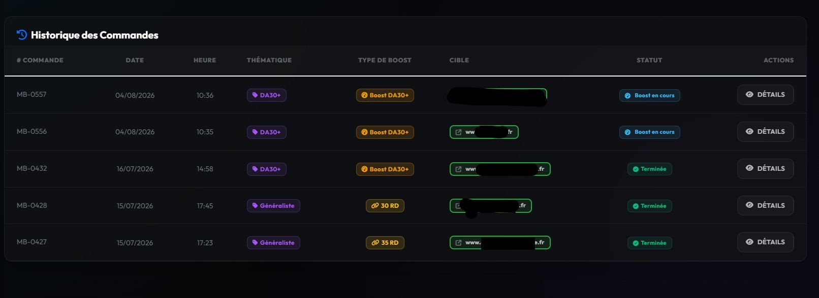 Capture MetricsBooster de l’historique des commandes dans le dashboard client